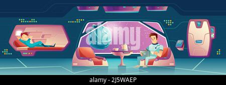 Illustrazione vettoriale con una camera da letto alla navicella spaziale con astronauti. I membri dell'equipaggio si rilassano, donne e uomini. Coppia di turisti o colonisti che riposano in Illustrazione Vettoriale
