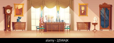 White House armadio ovale cartone animato interno vettore con scrivania vintage e mobili, bandiera nazionale, dipinti su illustrazione a parete. Stati Uniti di Illustrazione Vettoriale