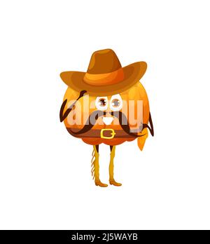 Personaggio del ranger di cowboy di zucca di cartone animato, personaggio di verdure di capretti vettoriali. Zucca divertente con moustaches in cappello cowboy e pantaloni cowboy jeans in Western Texas design Illustrazione Vettoriale