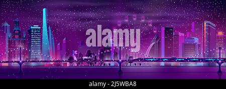 Treno ad alta velocità vettoriale sul ponte sul fiume e moderna megapolis sullo sfondo. Velocità veicolo ferroviario, ruota panoramica e parco in colori brillanti al neon. Illustrazione Vettoriale