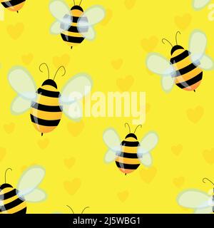 Motivo senza cuciture con api e cuori su sfondo a colori. Piccola vespe. Illustrazione vettoriale. Adorabile personaggio cartoon. Modello per invito Illustrazione Vettoriale
