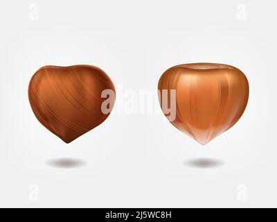 Nocciole mature e crude vista frontale 3D vettore realistico isolato su sfondo bianco. Filbert semi commestibili. Dolciumi, alimenti dietetici ingredienti naturali Illustrazione Vettoriale