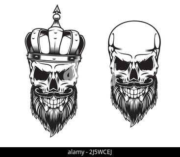 Cranio bearded in corona, tatuaggio di vettore morto re scheletro testa con barba nera e baffi, sorriso male e corona reale medievale. Monochro isolato Illustrazione Vettoriale