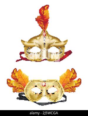 Maschera mezze facce dorata da uomo decorata con pietre preziose, rubini rossi e piume arancioni per carnevale veneziano o mardi Gras, festa mascherata cel Illustrazione Vettoriale