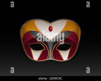 Maschera colombina a mezza faccia decorata con pietra preziosa, rosso rubino e doratura 3D icona vettoriale realistica isolato su sfondo scuro. Carnevale veneziano, Illustrazione Vettoriale