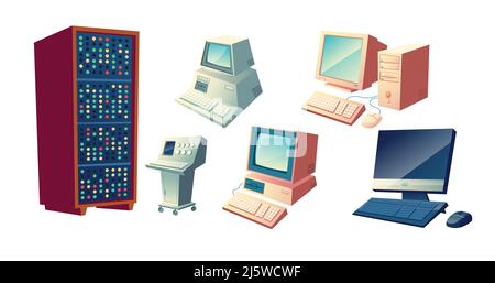 Computer evoluzione del concetto vettoriale cartoon. Vecchie stazioni di calcolo vintage, unità e monitor di sistema retrò, PC desktop moderno con tastiera e mouse Illustrazione Vettoriale