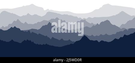 Panorama montano. Banner con diversi strati di silhouette di terreno montuoso. Colline la sera o al mattino. Illustrazione del vettore di stock piatto Illustrazione Vettoriale
