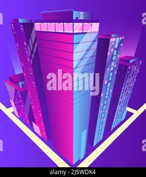 Moderni grattacieli edifici illuminati raggruppano vettore di proiezione isometrica in viola, colori al neon. Metropoli centro quartiere futuristico architettura Illustrazione Vettoriale
