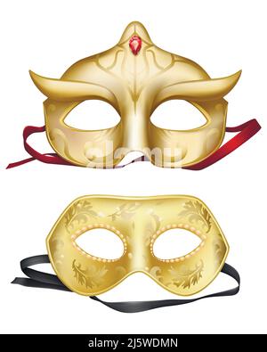 Set realistico Vector 3D con maschere veneziane. Elemento d'oro per i carnevali tradizionali del Mardi Gras, masquerade di festa, vestito di festa in costume par Illustrazione Vettoriale