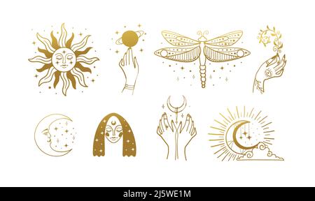 Bundle di logo boho in oro. Elementi esoterici vintage per astrologia, dragonfly, luna e sole, viso, mani femminili. Illustrazione della linea vettoriale isolata Illustrazione Vettoriale