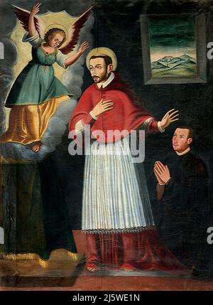 San Carlo Borromeo, un angelo e il committente - olio su tela - ambiente lombardo del XVII secolo - Bobbio (PC) ,Italia,abbazia di San Colombano Foto Stock