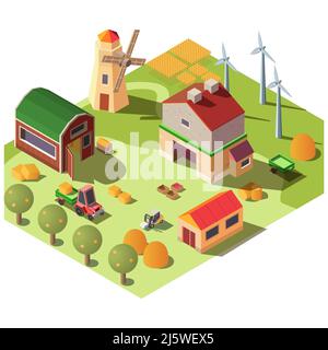 Azienda agricola o cantiere con vari annessi, giardino, campo, vecchio mulino a vento, moderne turbine eoliche e carrelli elevatori che caricano i prodotti di raccolto in trail trattore Illustrazione Vettoriale