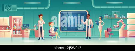 Interni scientifici di laboratorio con gruppo di persone che indossano cappotti bianchi che conducono esperimenti circondati da attrezzature di laboratorio scientifico. Maschio e femmina r Illustrazione Vettoriale