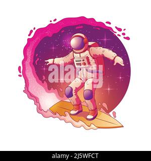 Astronauta in spacesuit in piedi su tavola da surf e surf in Latty Way stelle, divertirsi nello spazio esterno cartone animato vettore icona isolato su sfondo bianco Illustrazione Vettoriale