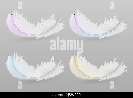 Volare o cadere in giù uccelli esotici colorati, piume soffici 3D vettore realistico set isolato su sfondo grigio con ombra. Morbidezza, fragilità e. Illustrazione Vettoriale
