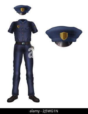 Divisa e cappellino di polizia con cockade, costume di sicurezza poliziotto isolato su sfondo bianco. Abito a forma di colore blu con maniche corte e manica Illustrazione Vettoriale