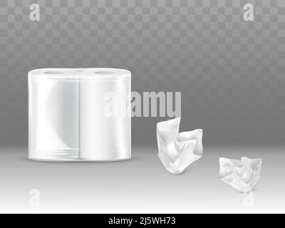 Carta igienica, carta da cucina pacco asciugamani 3D realistico vettore mockup con due rotoli di carta sigillati in plastica o polietilene, sgualciti, tovaglioli usati 3D r Illustrazione Vettoriale