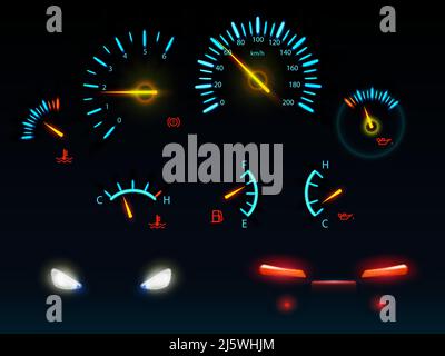Gli indicatori moderni del cruscotto dell'automobile illuminano nelle scale e nelle frecce blu e arancioni scure della luce, i fari anteriori e posteriori dell'automobile malati realistici del vettore Illustrazione Vettoriale