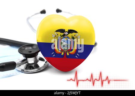 Bandiera dell'Ecuador nella forma di un cuore accanto ad uno stetoscopio, il concetto del sistema sanitario mondiale Foto Stock