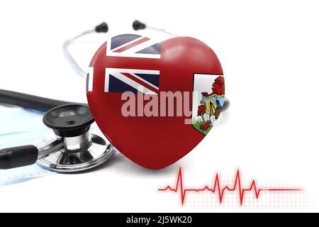 Bandiera delle Isole Bermuda in forma di cuore accanto ad uno stetoscopio, il concetto del sistema sanitario mondiale Foto Stock
