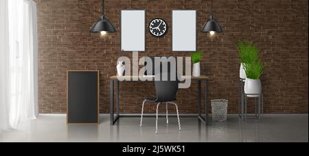 Home Workplace, Office room 3D realisticamente vettoriale design minimalista o interni in stile loft con computer portatile su scrivania, quadri vuoti, cornici fotografiche su Illustrazione Vettoriale