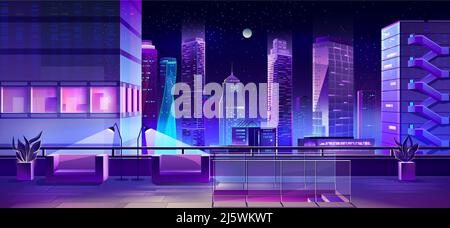 Moderna città megapolis di notte. Vista panoramica illuminata dal tetto del grattacielo con zona ricreativa con divani e lampade. Edifici al neon luminosi ar Illustrazione Vettoriale