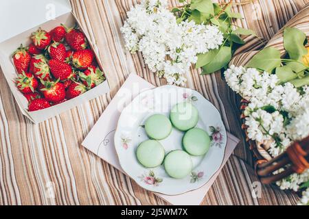 Pic-nic primavera con bacche e macaroon sulla plaid. Cestino da picnic con fiori di lilla. Vista dall'alto Foto Stock