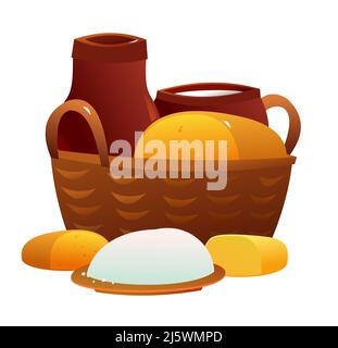 Cestino con latte di fattoria e prodotti lattiero-caseari. Isolato su sfondo bianco. Design in stile cartoon flat. Vettore. Illustrazione Vettoriale
