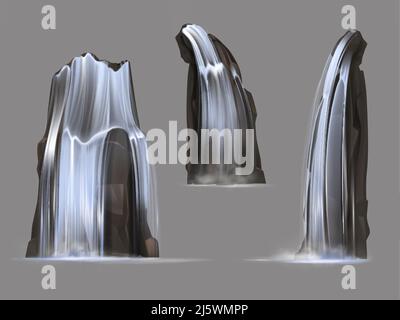 Cascate con diverse forme cascate, puro e pulito flusso d'acqua dolce su roccia, sorgente in montagna 3D realistico vettore illustrazione set. Natu Illustrazione Vettoriale