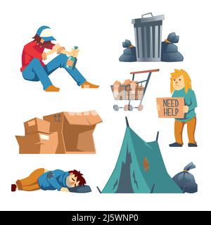 Homeless femmina, uomo caratteri vettore cartoon set isolato su sfondo bianco. Gente povera che chiede aiuto, elemosina mendicante, seduta ubriaco con bottiglia di Illustrazione Vettoriale