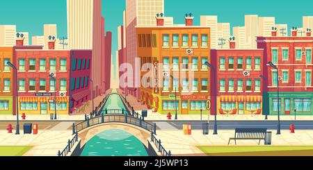 Quartiere della città vecchia in moderno vettore cartoon metropoli. Caffetteria all'aperto in banchina, negozio di alimentari, cartelli da bar su edifici di architettura retrò Illustrazione Vettoriale