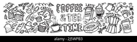 carino doodle cartoni animati bar icone. vettore profilo mano disegnata per caffè e panetteria per il menu caffè, compreso fornitura e attrezzatura isolato Illustrazione Vettoriale