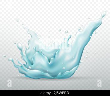 Spruzzi d'acqua pura con gocce 3D vettore realistico isolato su sfondo trasparente. Bevanda limpida acqua dolce, acqua blu naturale congelato movimento illust Illustrazione Vettoriale