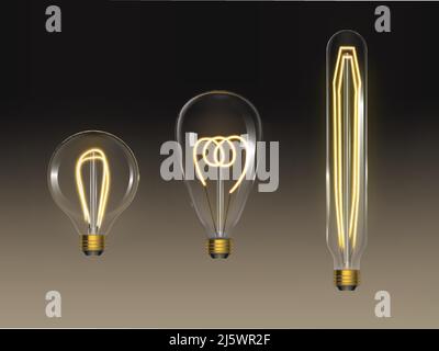 Set di lampadine a incandescenza. Lampade retro edison, lampade d'epoca incandescenti di forme e forme diverse con filo riscaldato isolato su sfondo scuro, de Illustrazione Vettoriale