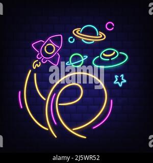 Icone spazio neon set, razzo, ufo, Saturno pianeta e segni stellari, rachetship con fiamma, incandescente luce fluorescente su muro di mattoni scuri. Bar, nightclub r Illustrazione Vettoriale