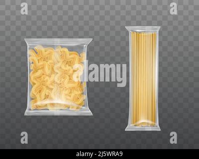 Pasta in confezione limpida, fusilli macaroni spirali e spaghetti secchi isolati su fondo trasparente, elementi di design per l'advertis alimentare Illustrazione Vettoriale