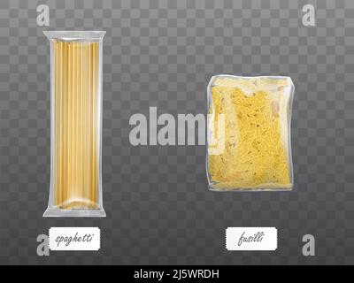 Pasta in confezione limpida, fusilli macaroni spirali e spaghetti secchi isolati su fondo trasparente, elementi di design per l'advertis alimentare Illustrazione Vettoriale