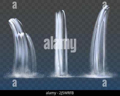 Cascata, realistiche correnti d'acqua cadono insieme di liquido puro con nebbia di forme diverse isolato su sfondo trasparente. Fiume, fontana el Illustrazione Vettoriale