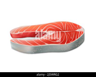 Pesce crudo, bistecca di salmone fresco isolato su sfondo bianco. Filetto di trota per cucinare pasto sano, prodotto di pesce con olio di omega, elemento di design per m Illustrazione Vettoriale