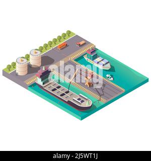 Porta isometrica, che fornisce petrolio o olio via mare. Gru che pompa il carico liquido dalla nave cisterna in banchina, carrelli cisterna che trasportano contenitori con f Illustrazione Vettoriale