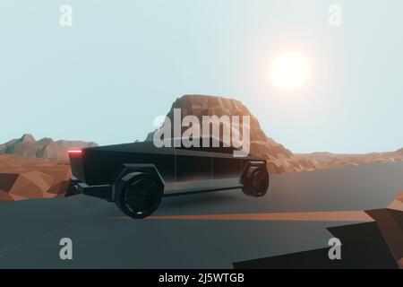 Astratto canyon poligonale e paesaggio auto con laghetto, montagne, cielo con Tramonto. 3d illustrazione del rendering. Motivo di sfondo per il design. Foto Stock