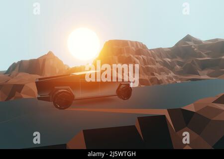 Astratto canyon poligonale e paesaggio auto con laghetto, montagne, cielo con Tramonto. 3d illustrazione del rendering. Motivo di sfondo per il design. Foto Stock