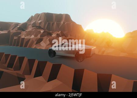 Astratto canyon poligonale e paesaggio auto con laghetto, montagne, cielo con Tramonto. 3d illustrazione del rendering. Motivo di sfondo per il design. Foto Stock