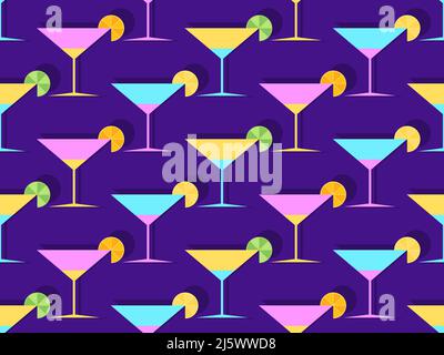 Cocktail con ombrelloni 80s stile senza cuciture. Cocktail alcolici con ombrelloni e fetta d'arancia. Design per menu bar, materiale pubblicitario A. Illustrazione Vettoriale