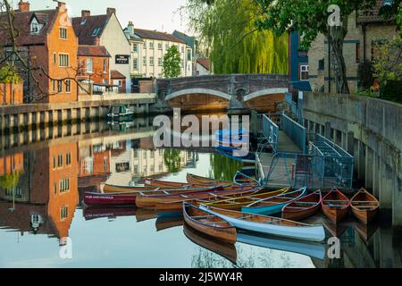 Mattina di primavera sul fiume Wensum a Norwich, Norfolk, Inghilterra. Foto Stock