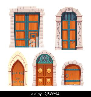 Porte incastonate, legno e pietra medievale o fiabesca archi e rettangolari ingressi, palazzo o castello esterno elementi di design con floreale e forgiato dicembre Illustrazione Vettoriale