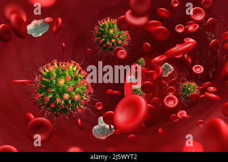 Infezione virale nel sangue. L'immunità combatte la malattia. I globuli bianchi attaccano i virus. Mutazioni virali e difesa immunitaria 3D illustrazione Foto Stock