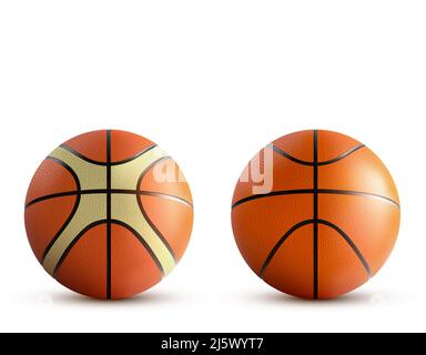 Palline da basket isolate su sfondo bianco, accessori sportivi, diverse attrezzature professionali di design per il gioco, torneo, competizione Illustrazione Vettoriale