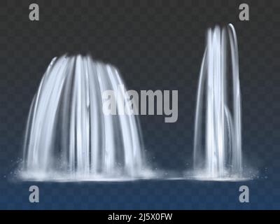 Cascate o fontane alte, sottili e ampie, ruscelli ad acqua alta, sorgenti d'acqua dolce pulite flussi 3D vettori realistici isolati su trasparente Illustrazione Vettoriale