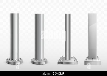 Forma e forma diverse colonne o colonne metalliche avvitate con bulloni e dadi a base rotonda e quadrata massiccia 3D realistico vettore set. Archit Illustrazione Vettoriale